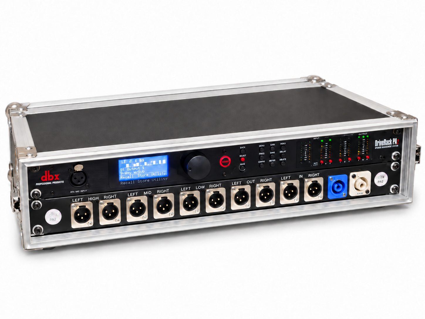 dbx DriveRack PA² im Case mit Anschlussfeld und PowerCON In und Out